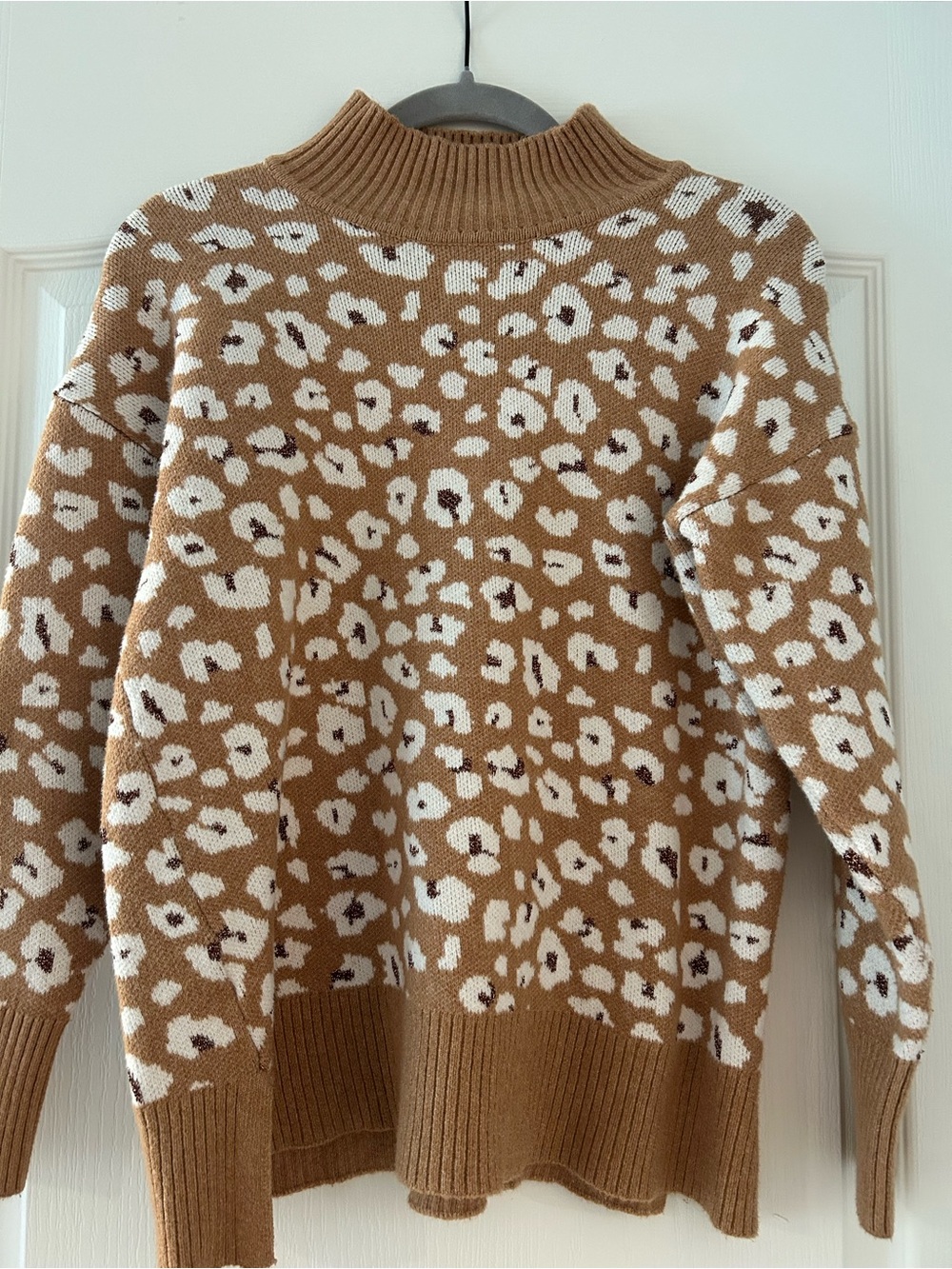 LOFT Camel and White Leopard Print Turtleneck Sweater